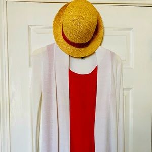 Red Dress, White Sweater & Hat